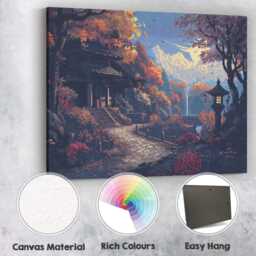 Moonlit Japanese Garden Autumn Temple Landscape Digital Art Canvas Wall Print Decor Picture Ready To Hang - thumbnail 2