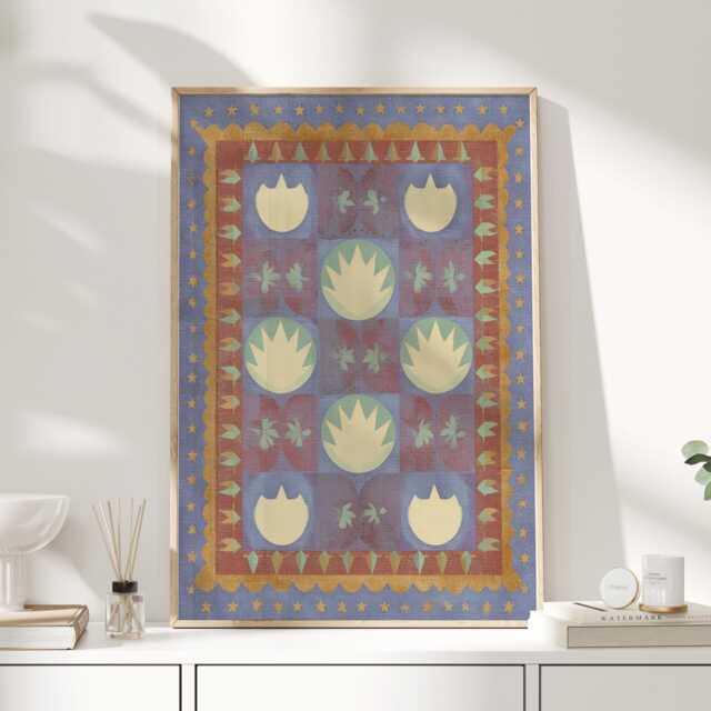 star Quilt Tulips - Folk Art Floral Print in Powder Blue, Ochre & Soft Red - image 1