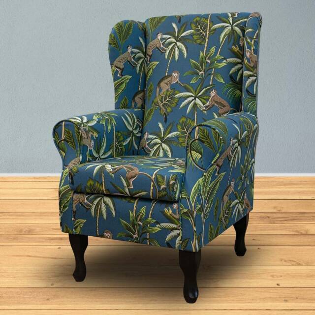 Handmade Monkey Print Wingback Chair - Teal Blue Tropical Armchair - image 1