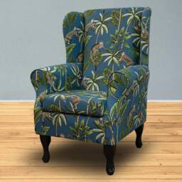 Handmade Monkey Print Wingback Chair - Teal Blue Tropical Armchair - thumbnail 1