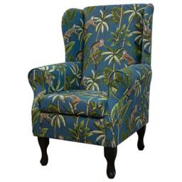 Handmade Monkey Print Wingback Chair - Teal Blue Tropical Armchair - thumbnail 3