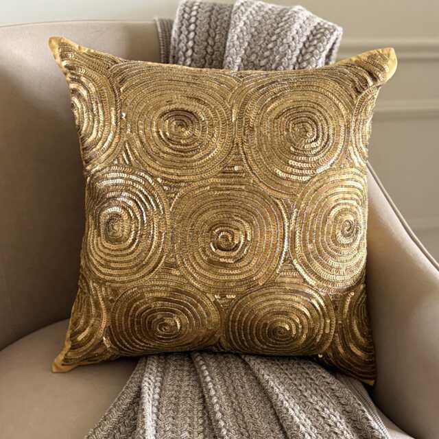 Gold Art Silk Sequin Embellished Circle & Dots Pattern, Modern Throw Pillow Cover/Euro Sham - Golden Touch - image 1
