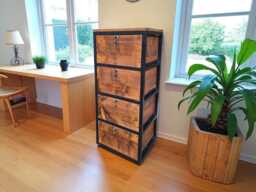 Industrial Wood Chest Of Drawers, Metal Frame, Lockable Office Storage