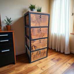 Industrial Wood Chest Of Drawers, Metal Frame, Lockable Office Storage - thumbnail 2