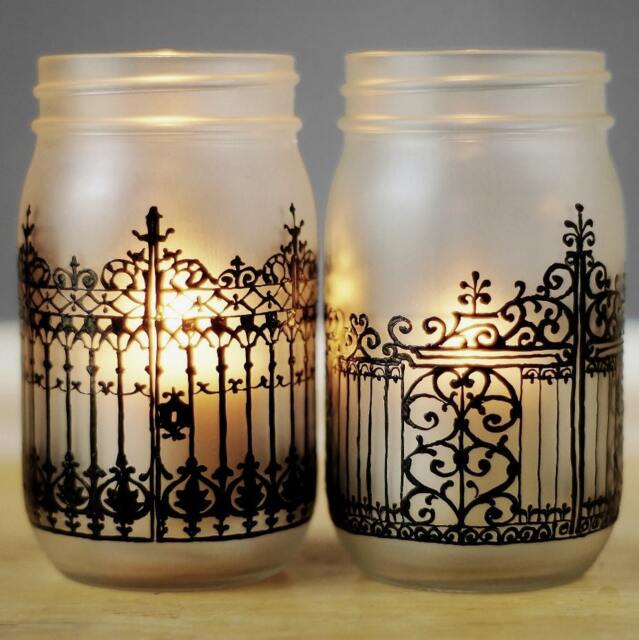 Gothic Mason Jar Candle Lantern Set - Hand Painted Centerpiece - image 1