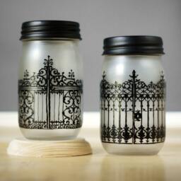 Gothic Mason Jar Candle Lantern Set - Hand Painted Centerpiece - thumbnail 3
