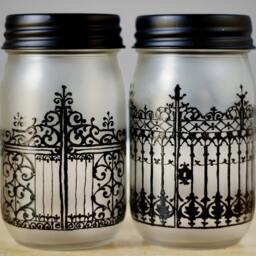Gothic Mason Jar Candle Lantern Set - Hand Painted Centerpiece - thumbnail 4