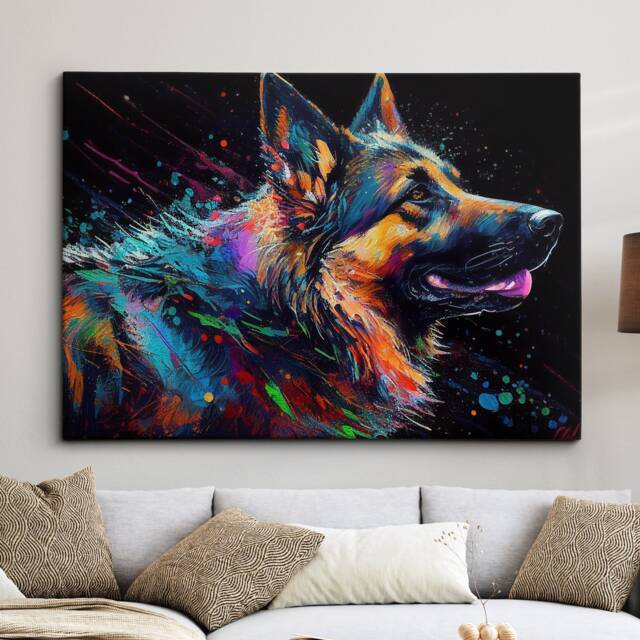 German Shepherd Abstract Dog Pet Animal Painting Splatter Wall Art, Framed Canvas Poster Print, Home Kitchen Office Room Decor, Gifts - image 1