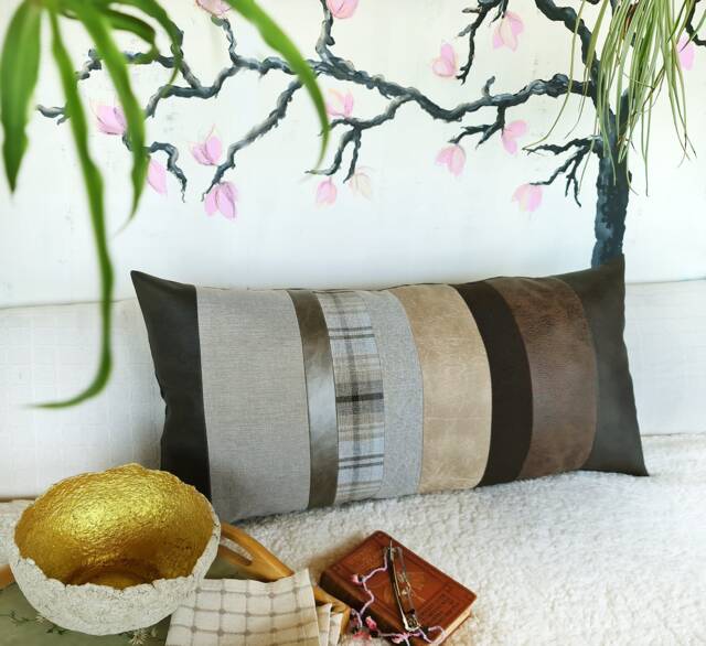 Segmented Faux Leather Lumbar Pillow Cover Sustainable Cotton Fabric, 16x34 Inch - image 1