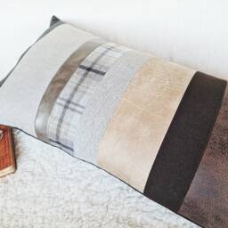 Segmented Faux Leather Lumbar Pillow Cover Sustainable Cotton Fabric, 16x34 Inch - thumbnail 4
