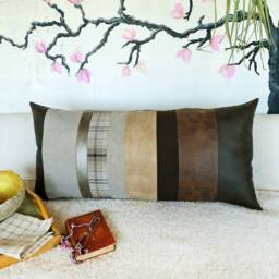 Segmented Faux Leather Lumbar Pillow Cover Sustainable Cotton Fabric, 16x34 Inch - thumbnail 3