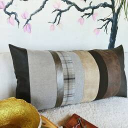 Segmented Faux Leather Lumbar Pillow Cover Sustainable Cotton Fabric, 16x34 Inch - thumbnail 2