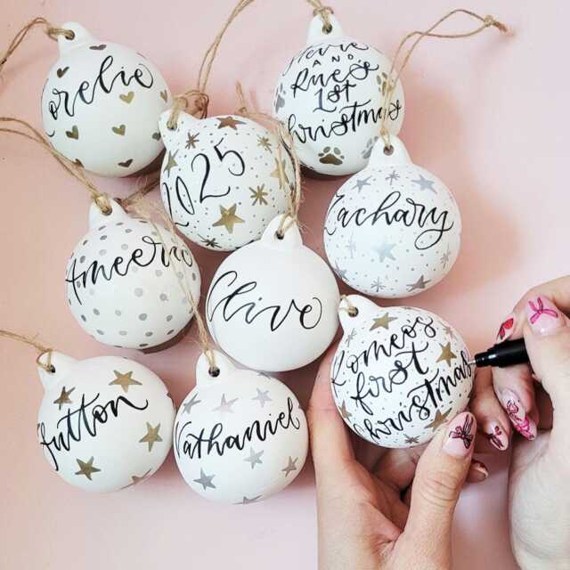 Personalised Bauble Christmas Decoration Personalised With Name Or Message in Hand Lettered Calligraphy - image 1
