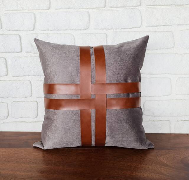 Gray Nubuck Pillow Cover Faux Leather Straps, Modern Scandinavian - image 1