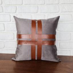 Gray Nubuck Pillow Cover Faux Leather Straps, Modern Scandinavian - thumbnail 2