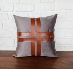 Gray Nubuck Pillow Cover Faux Leather Straps, Modern Scandinavian