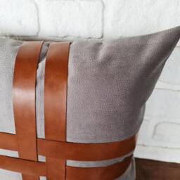 Gray Nubuck Pillow Cover Faux Leather Straps, Modern Scandinavian - thumbnail 3