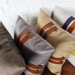 Gray Nubuck Pillow Cover Faux Leather Straps, Modern Scandinavian - thumbnail 4