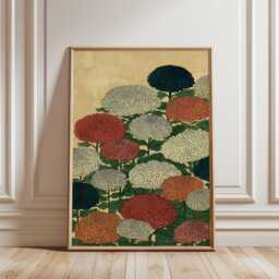 Japanese Chrysanthemum Floral Poster - Red Green Botanical Illustration Vintage Asian Wall Art - thumbnail 1