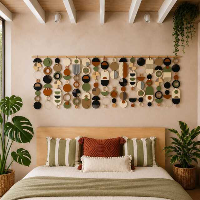 Oversized Mid Century Wall Hanging Geometric Plywood & Ceramic Art - image 1