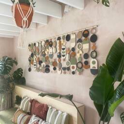 Oversized Mid Century Wall Hanging Geometric Plywood & Ceramic Art - thumbnail 3