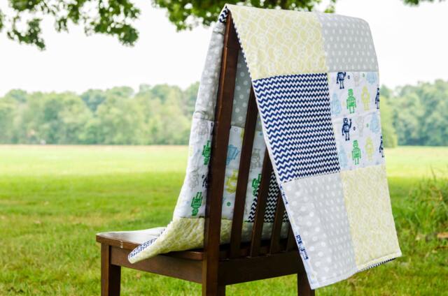 Baby Boy Quilt, Blue & Green Quilt, Boy Bedding, Baby Shower Gift, Robot Nursery, New Gift - image 1