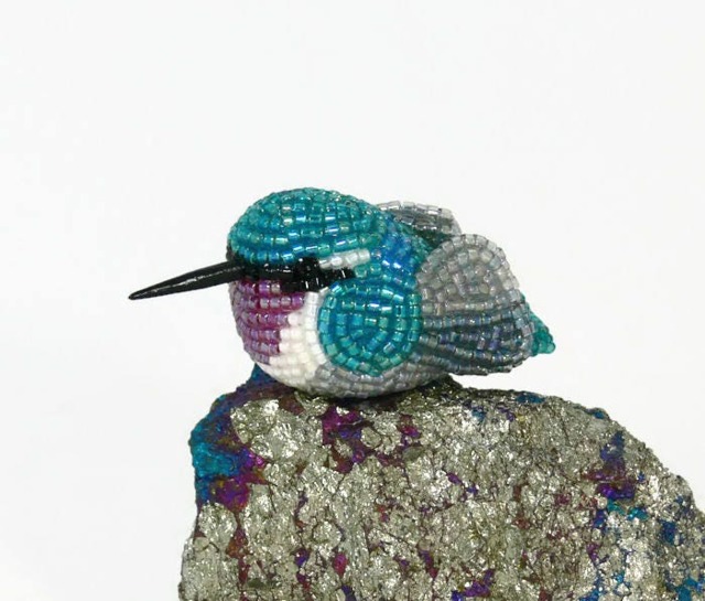 Hummingbird Beaded Miniature Teal Blue Bird Figurine - image 1