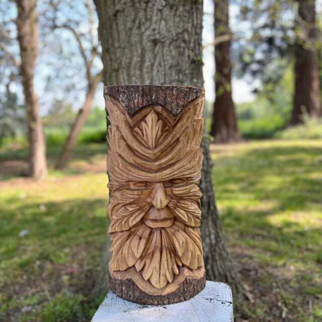 Hand Carved Wooden Xl Chunky Green Man 48cm Wall Plaque Half Log Statue. Rustic Decor. Indoor Or Outdoor Sculpture - image 1