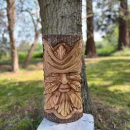 Hand Carved Wooden Xl Chunky Green Man 48cm Wall Plaque Half Log Statue. Rustic Decor. Indoor Or Outdoor Sculpture - thumbnail 1