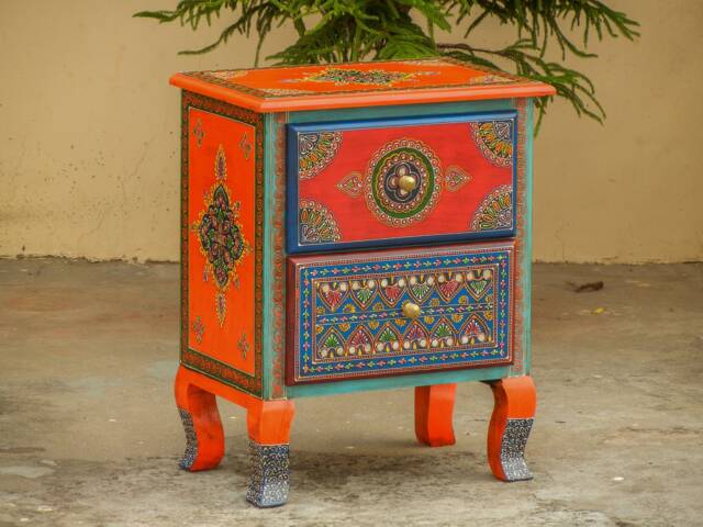 Wooden Bedside 2 Drawer Chest, Nightstand, Table Storage, Chest Of Drawer, Handmade Hand-Painted, Indian Ethnic Style, Orange Color - image 1