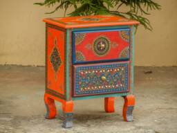 Wooden Bedside 2 Drawer Chest, Nightstand, Table Storage, Chest Of Drawer, Handmade Hand-Painted, Indian Ethnic Style, Orange Color - thumbnail 1