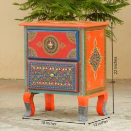 Wooden Bedside 2 Drawer Chest, Nightstand, Table Storage, Chest Of Drawer, Handmade Hand-Painted, Indian Ethnic Style, Orange Color - thumbnail 4