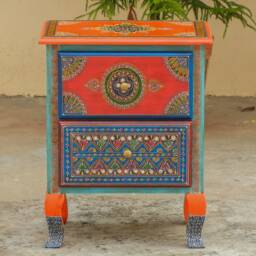 Wooden Bedside 2 Drawer Chest, Nightstand, Table Storage, Chest Of Drawer, Handmade Hand-Painted, Indian Ethnic Style, Orange Color - thumbnail 3