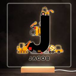 Construction Vehicles Alphabet Letter J Square Personalised Gift Night Light - Bedroom Lamp