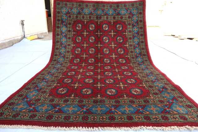 Red Bukhara 4x6 Ft, Hand Knotted Tribal Geometric Wool Rug, Afghan Blue Boho Traditional Oriental Rug For Bedroom Handwoven Area - image 1