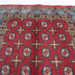 Red Bukhara 4x6 Ft, Hand Knotted Tribal Geometric Wool Rug, Afghan Blue Boho Traditional Oriental Rug For Bedroom Handwoven Area - thumbnail 3