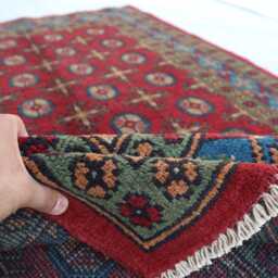 Red Bukhara 4x6 Ft, Hand Knotted Tribal Geometric Wool Rug, Afghan Blue Boho Traditional Oriental Rug For Bedroom Handwoven Area - thumbnail 4