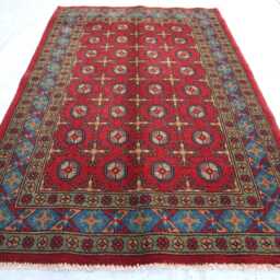 Red Bukhara 4x6 Ft, Hand Knotted Tribal Geometric Wool Rug, Afghan Blue Boho Traditional Oriental Rug For Bedroom Handwoven Area - thumbnail 2