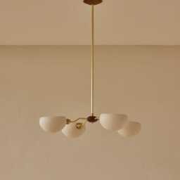 1950S Mid Century Modern Brass Chandelier - Italian Linear Ceiling Light With Wooden Ball - thumbnail 2