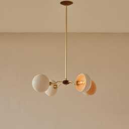 1950S Mid Century Modern Brass Chandelier - Italian Linear Ceiling Light With Wooden Ball - thumbnail 3