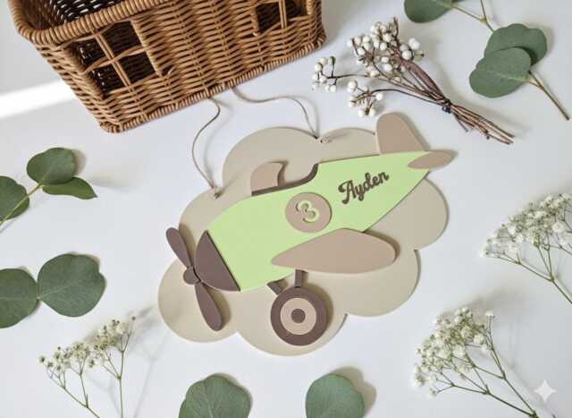 Personalised Airplane Name Sign - Retro Door Or Wall Decor For Kids Room - image 1