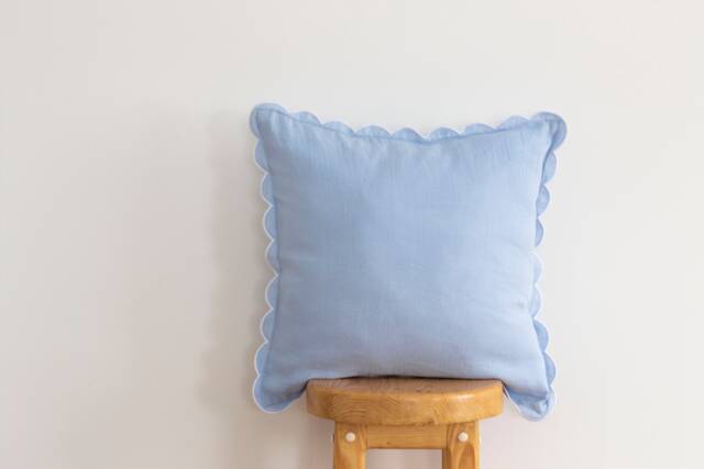 Baby Blue Linen Scalloped Edge Pillow Cover With White Detailing - 16x16'' Size - image 1
