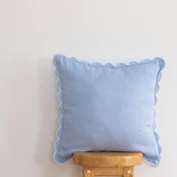 Baby Blue Linen Scalloped Edge Pillow Cover With White Detailing - 16x16'' Size - thumbnail 3