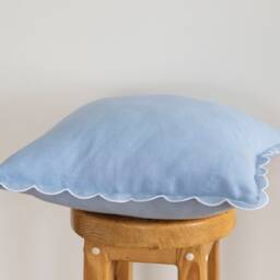Baby Blue Linen Scalloped Edge Pillow Cover With White Detailing - 16x16'' Size - thumbnail 2