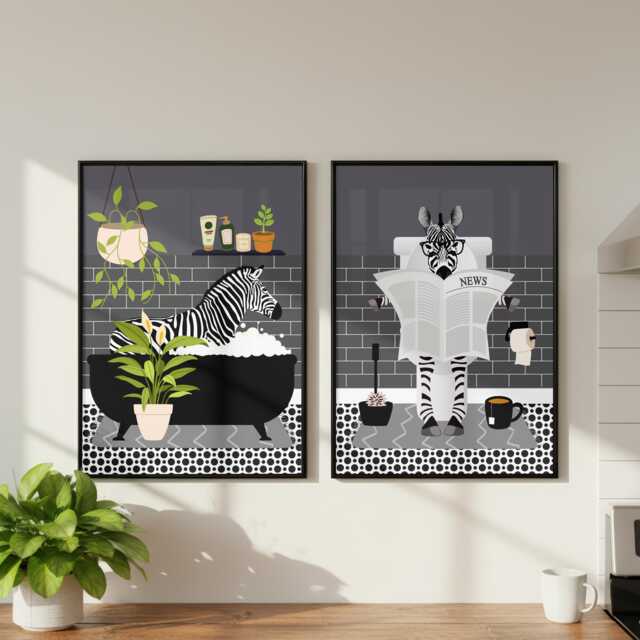Zebra Bathroom Prints, Bath & Toilet Art, Set Of Two Grey Prints - image 1