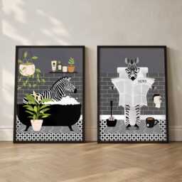 Zebra Bathroom Prints, Bath & Toilet Art, Set Of Two Grey Prints - thumbnail 2