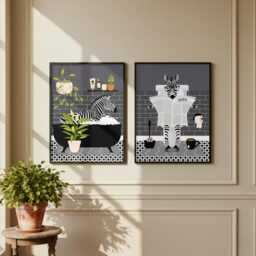 Zebra Bathroom Prints, Bath & Toilet Art, Set Of Two Grey Prints - thumbnail 3