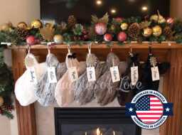 Monogrammed Cat Christmas Stocking Plush Faux Fur, Fish Shaped, Embroidered Name Tag