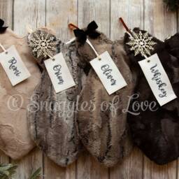Monogrammed Cat Christmas Stocking Plush Faux Fur, Fish Shaped, Embroidered Name Tag - thumbnail 3