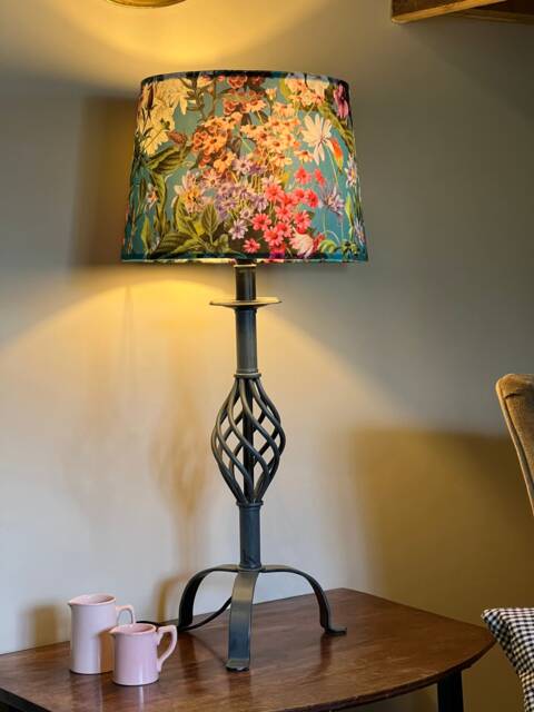 Teal Flowers Velvet French Drum Lampshade, Empire Teal Ceiling Light Shade - image 1